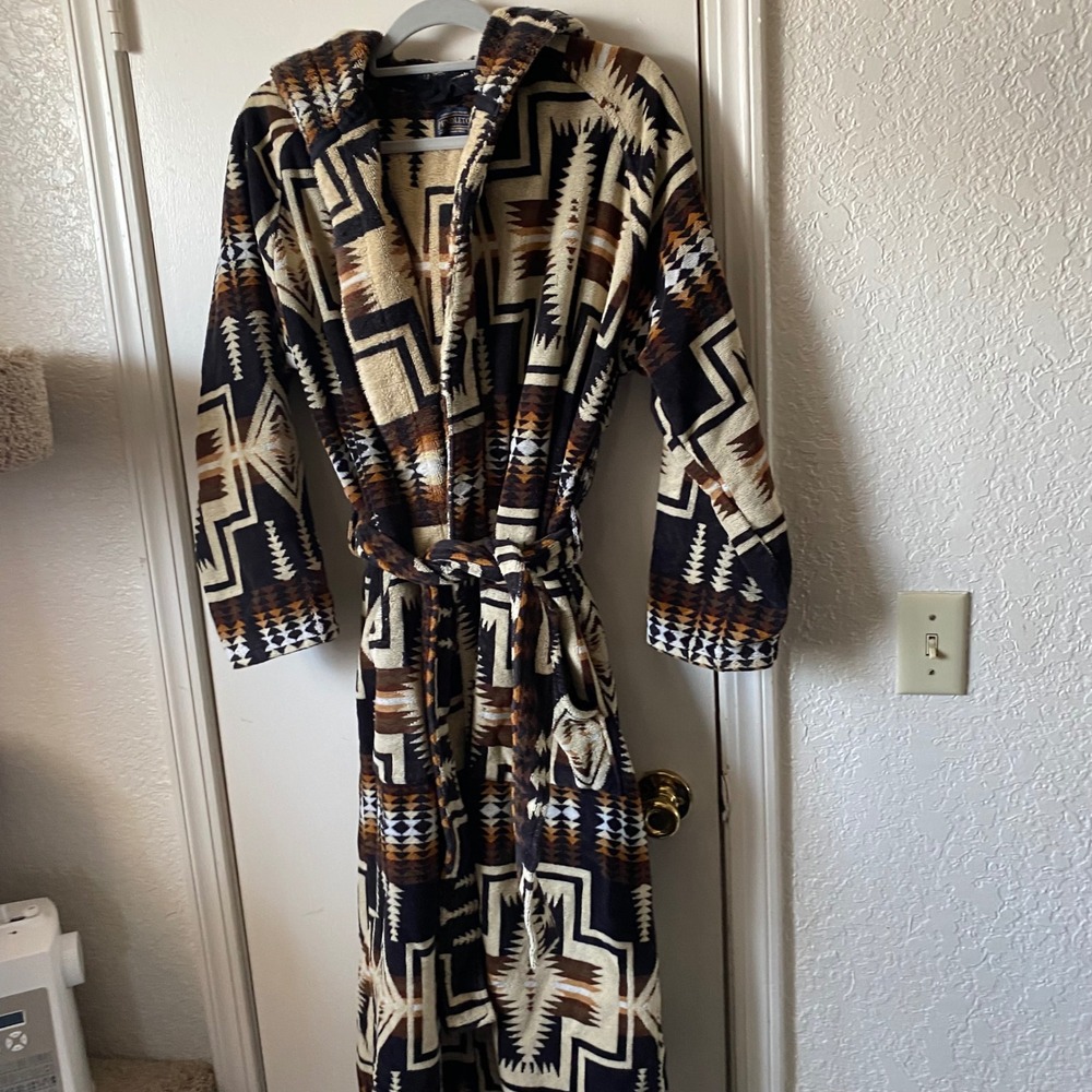Pendleton Mens Harding Hooded Cotton Terry Robe Brown Tan Black S/M - Picture 4 of 11